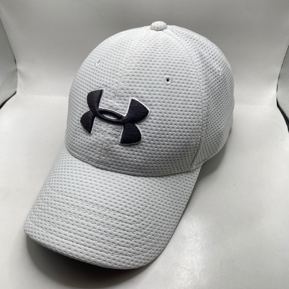 Under Armour Blitzing Baseball Cap Men MD/LG White Textured Knit Stretch Fit Hat